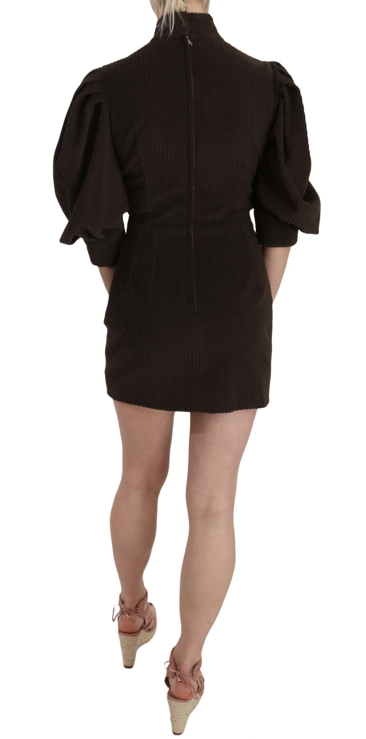 Brown corduroy bodycon cotton mini dress by Dolce & Gabbana, shown on a model with a fitted silhouette and short sleeves.