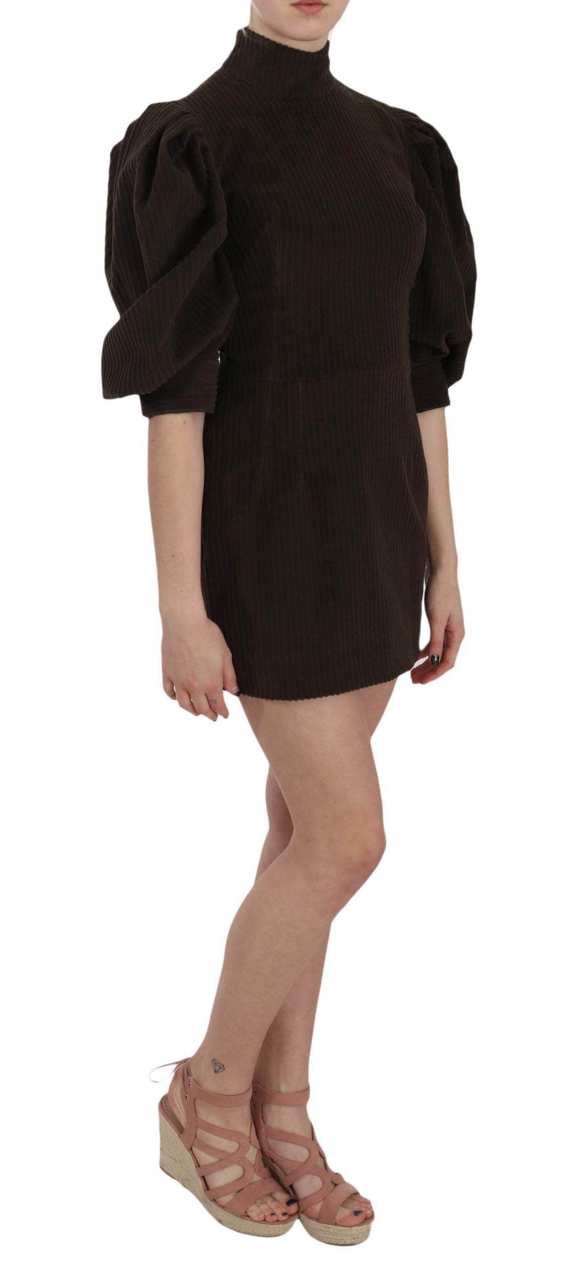 Brown corduroy bodycon cotton mini dress by Dolce & Gabbana, fitted design with long sleeves and a high neckline.