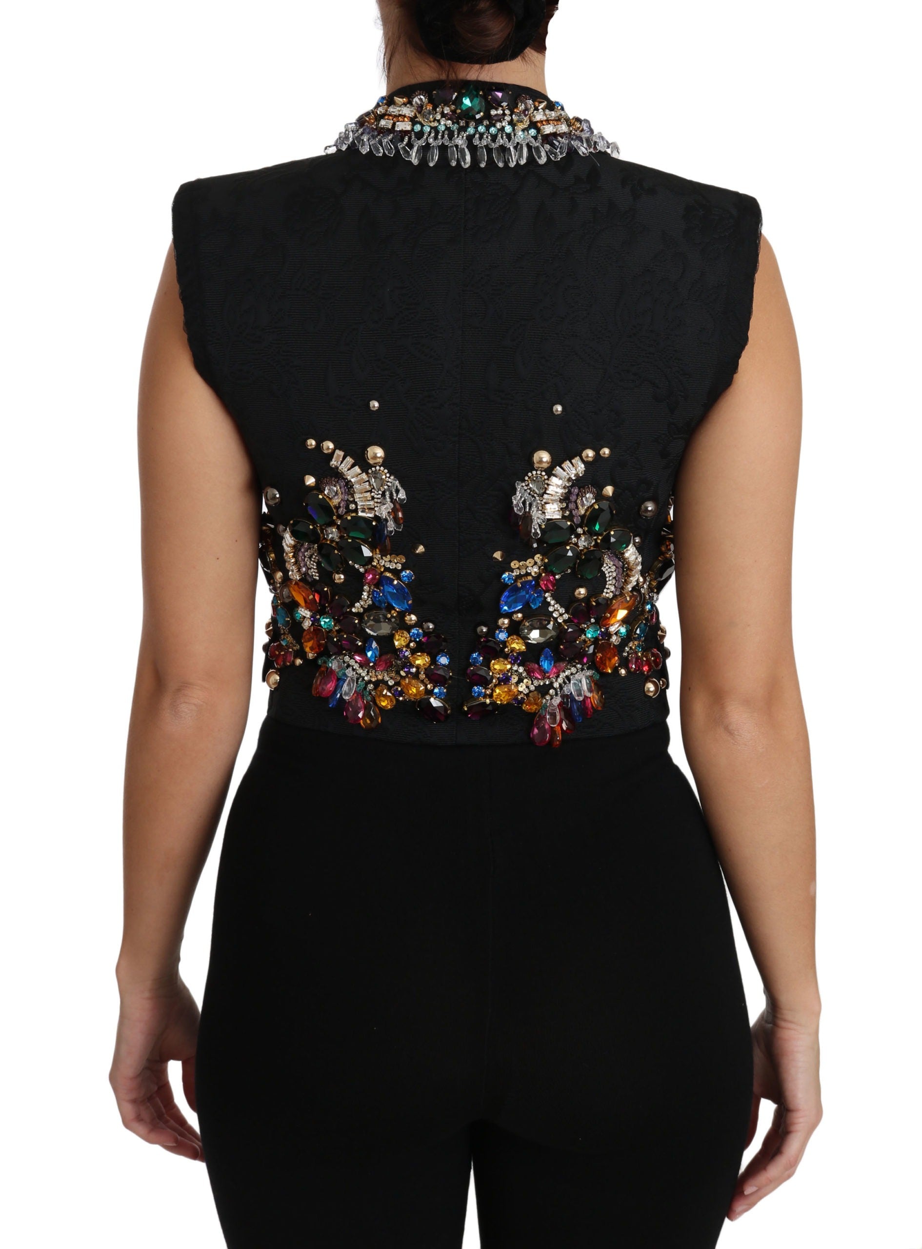 Black crystal Sicily vest waistcoat by Dolce & Gabbana with intricate crystal embellishments and tailored fit.