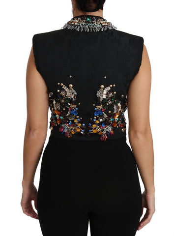 Black crystal Sicily vest waistcoat by Dolce & Gabbana with intricate crystal embellishments and tailored fit.