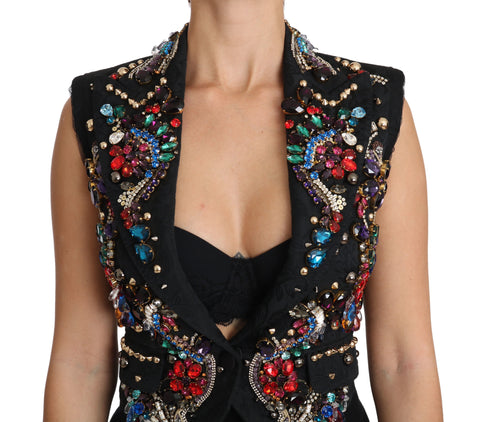 Black crystal Sicily vest waistcoat by Dolce & Gabbana, featuring elegant crystal embellishments and tailored fit.