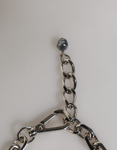 Silver Tone Chain Lobster Clasp Logo Gray Pearls Bracelet