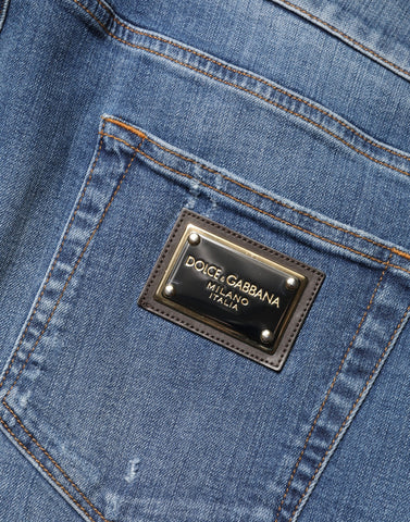 Blue Tattered Skinny Cotton Denim Jeans