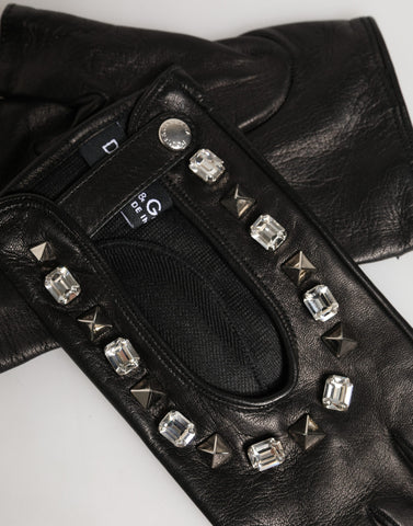 Women Black Embellished Wrist Length Mitten Gloves