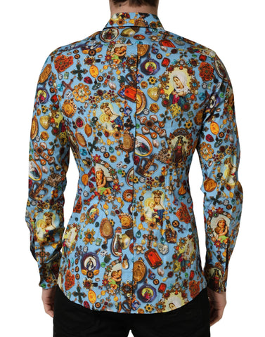 Blue Cotton Jewel Print Button Down GOLD Shirt