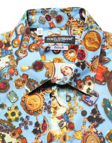Blue Cotton Jewel Print Button Down GOLD Shirt