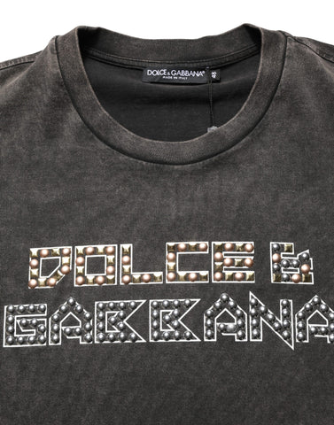 Gray Logo Embellished Men Crew Neck T-shirt