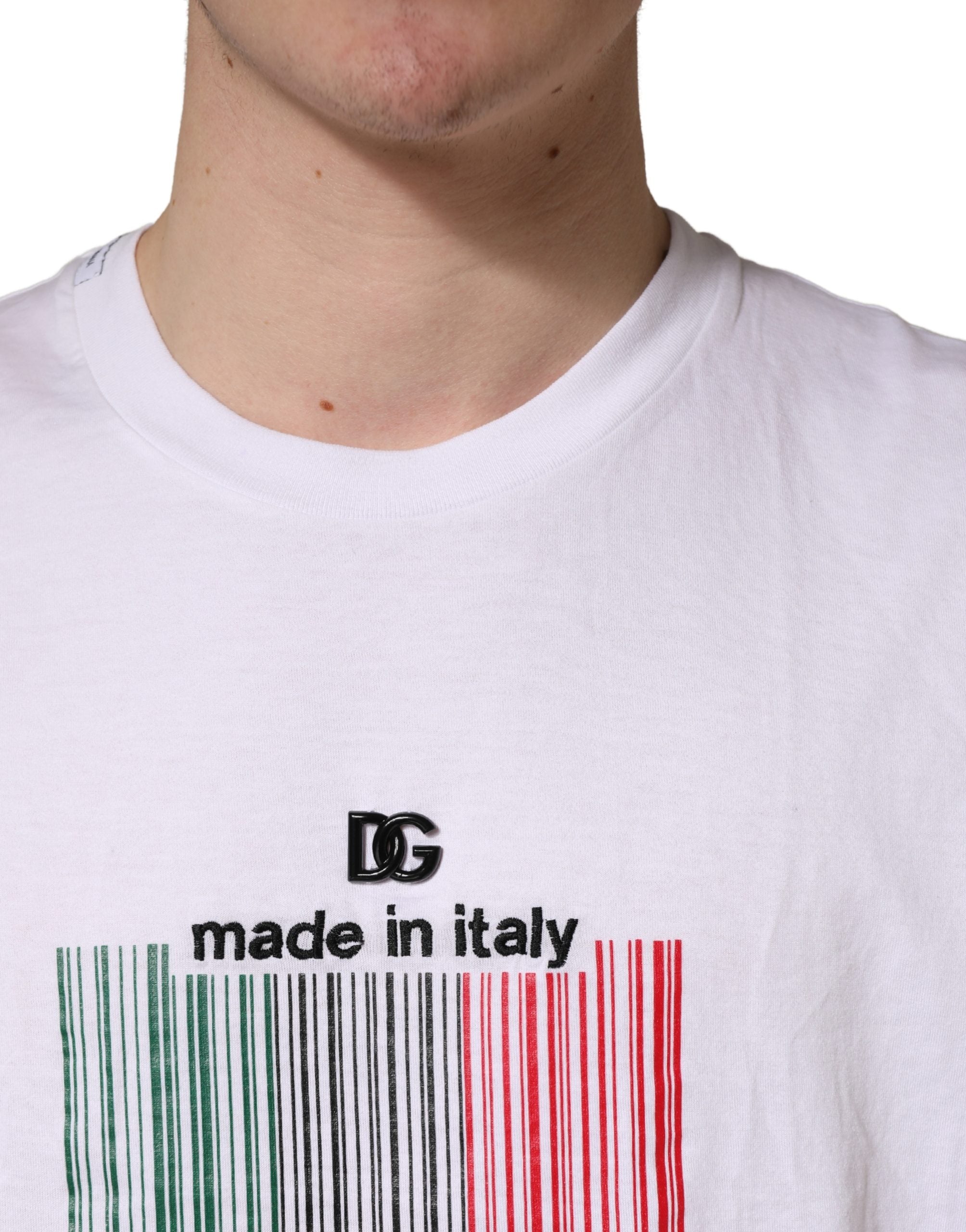 White Barcode Cotton Crew Neck Men T-shirt