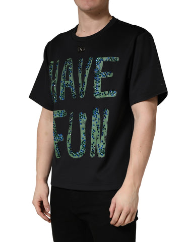 Black Have Fun Embellished Crew Neck T-shirt