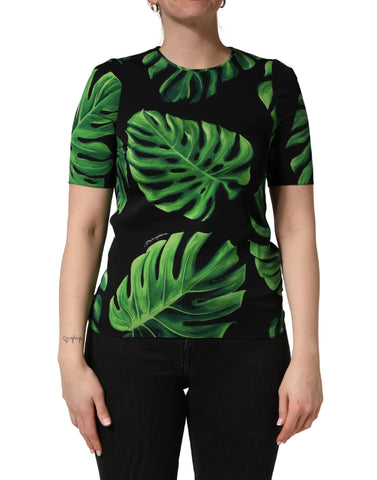 Black Philodendron Print Silk Blouse Top