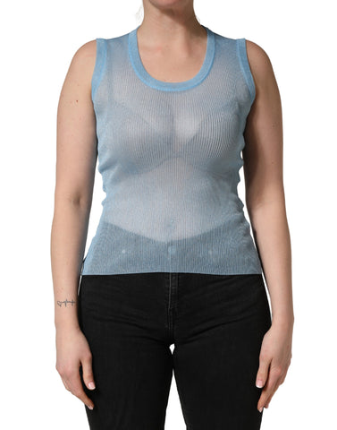 Blue Semi Sheer Ribbed Sleeveless Tank Top