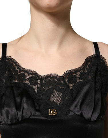 Black Silk Satin Lace Sleeveless Mini Dress
