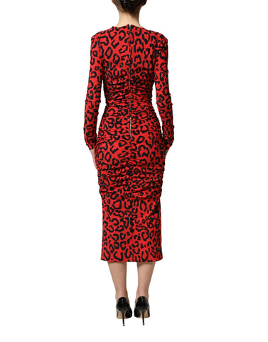 Red Leopard Print Long Sleeves Midi Dress