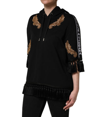 Black Embroidered Tassel Hooded Sweatshirt Sweater