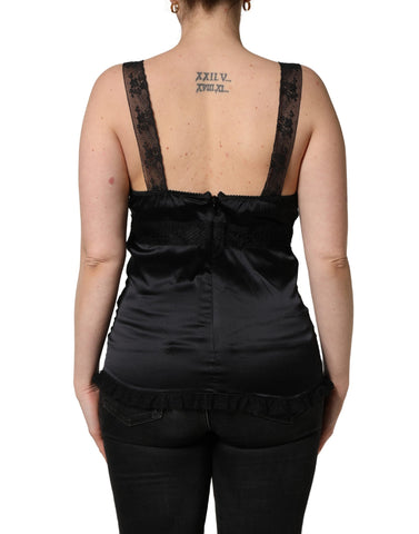 Black Silk Lace Trim Camisole V-neckline Tank Top