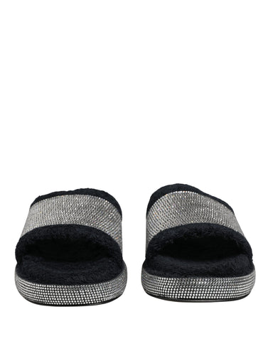 Black Crystal Embellished Platform Slides Shoes
