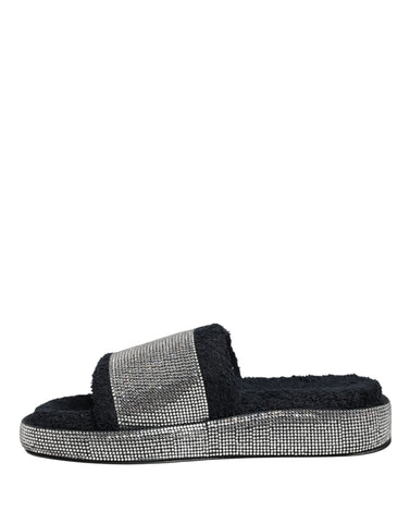 Black Crystal Embellished Platform Slides Shoes