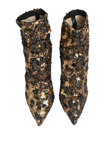 Gold Leopard Sequin Sock Ankle Boots Shoes