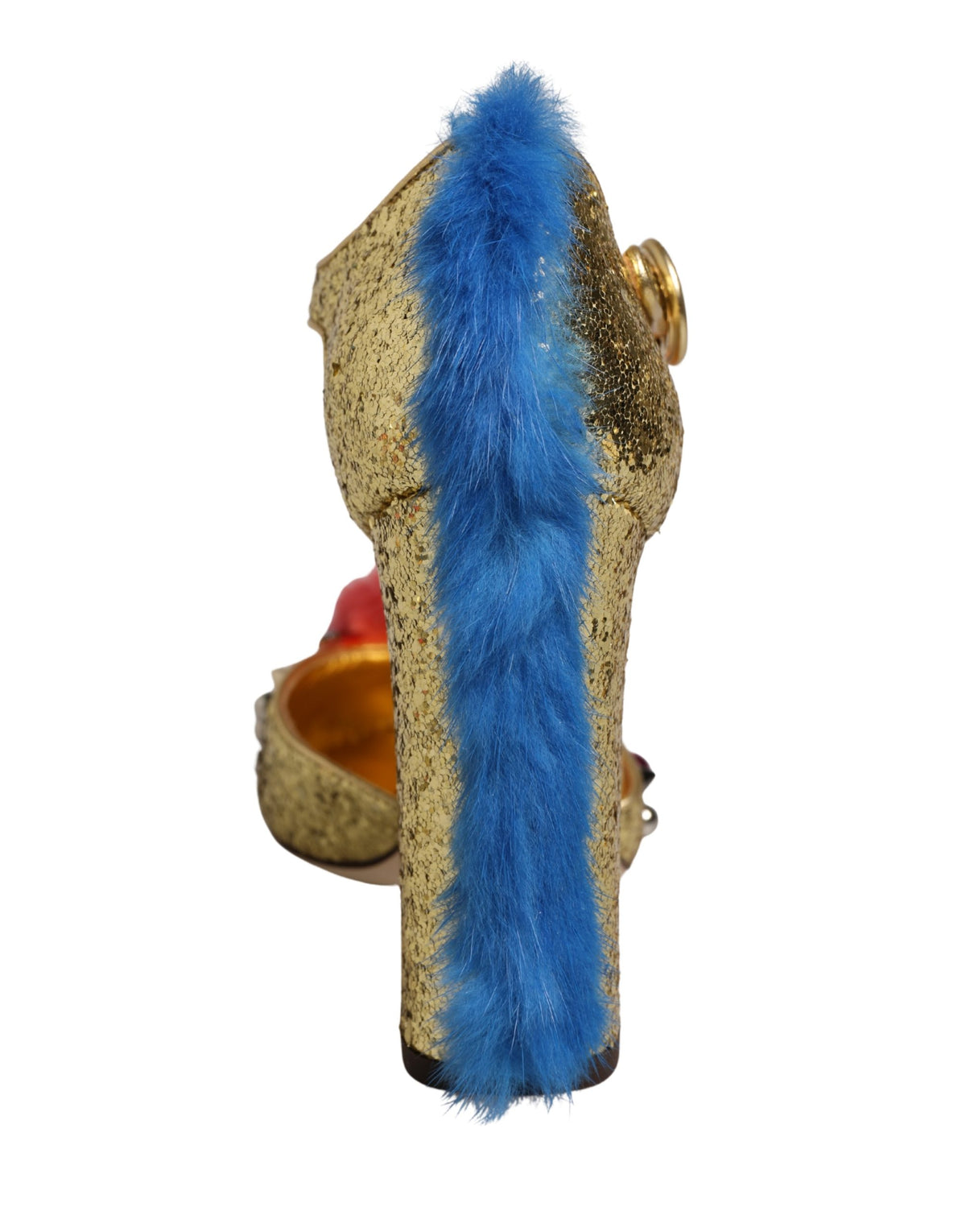 Gold Fur Trim Glitter T-strap Sandals Shoes