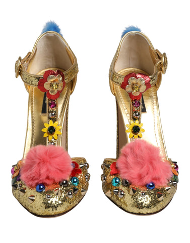 Gold Fur Trim Glitter T-strap Sandals Shoes