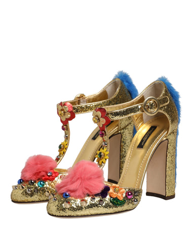 Gold Fur Trim Glitter T-strap Sandals Shoes