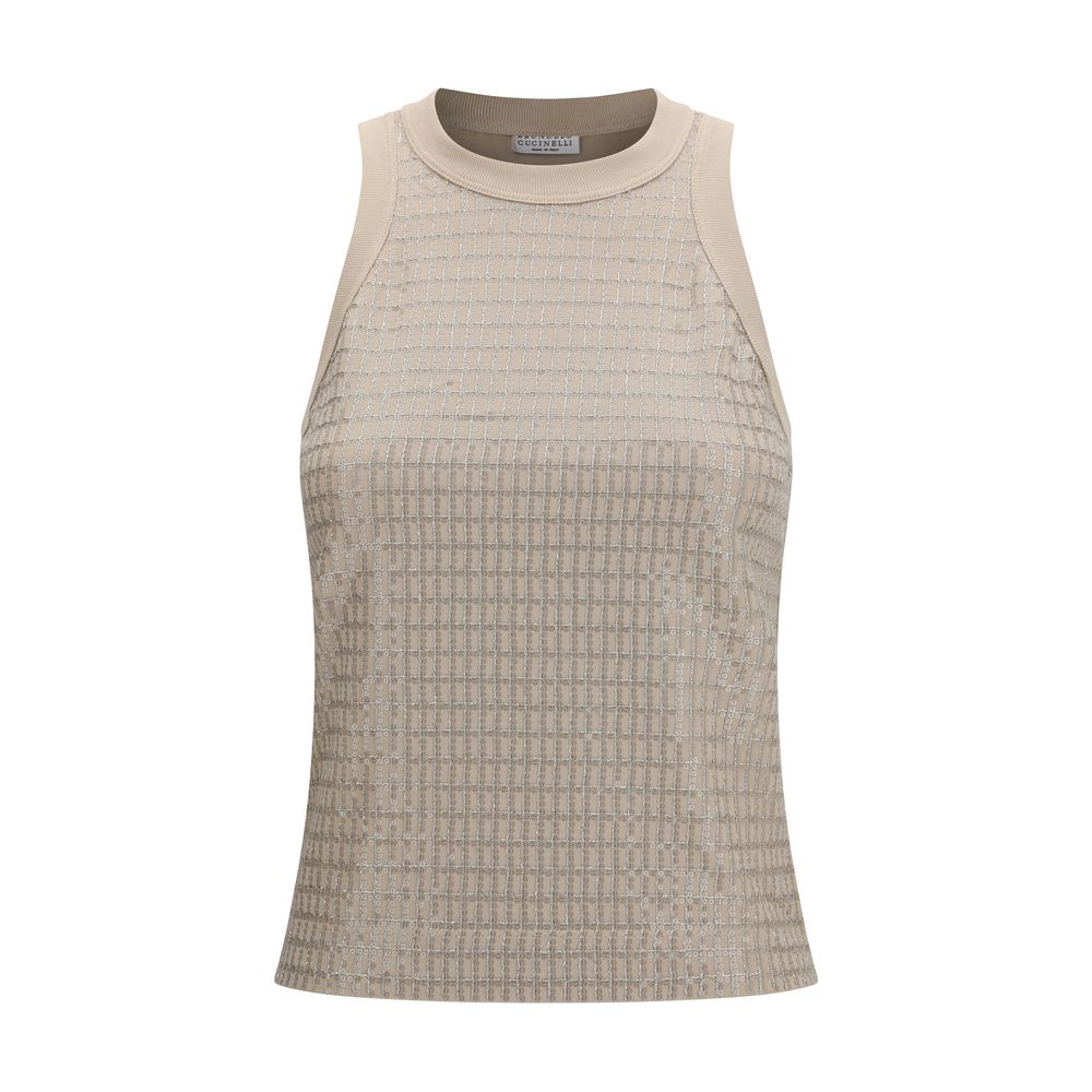 Beige Cotton Sleeveles T-Shirt