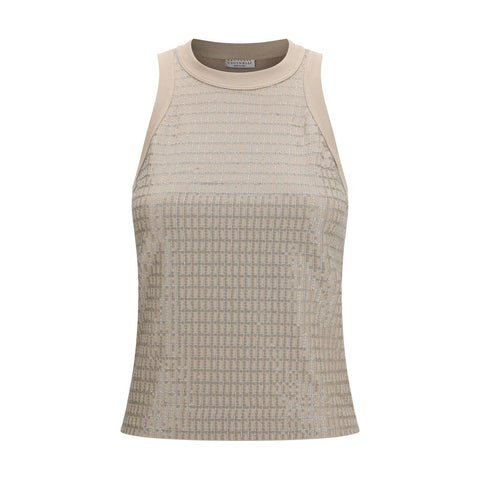 Beige Cotton Sleeveles T-Shirt