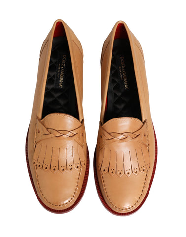 Beige Tassel Leather Men Slip On Loafers Shoes