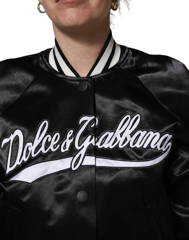 Black Satin Floral Embroidery Bomber Jacket