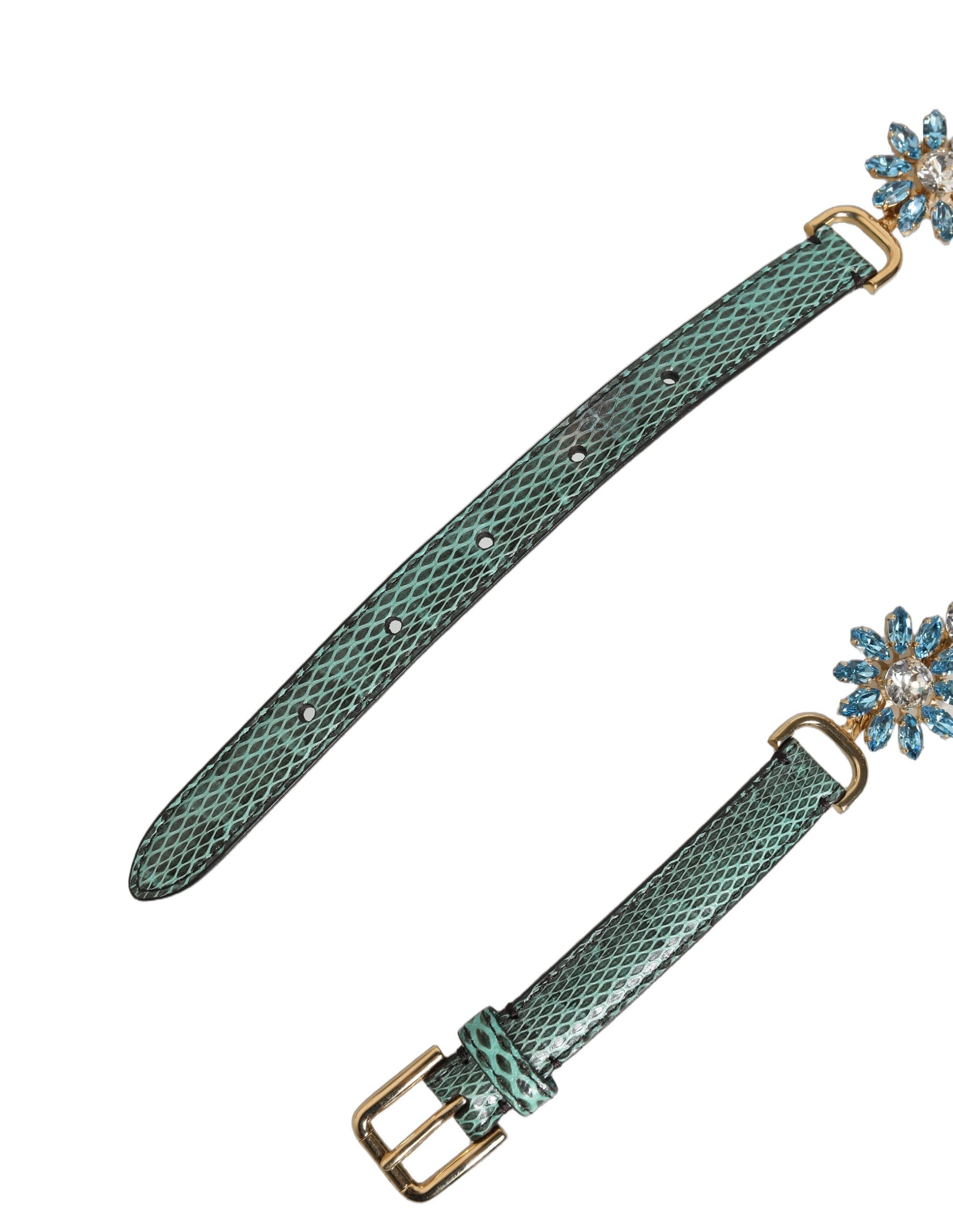 Green Leather Daisy Crystal Embellished Waist Belt