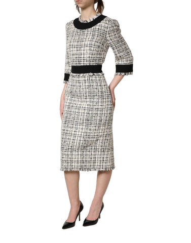 Black White Tweed Sheath A-line Midi Dress
