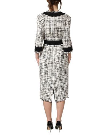 Black White Tweed Sheath A-line Midi Dress