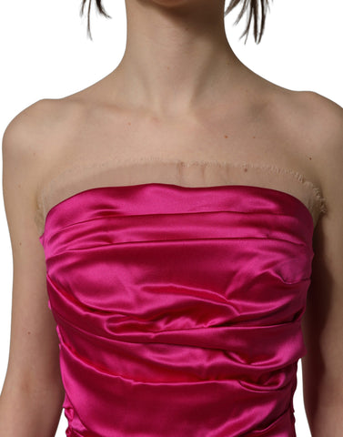 Hot Pink Ruched Satin Strapless Gown Dress
