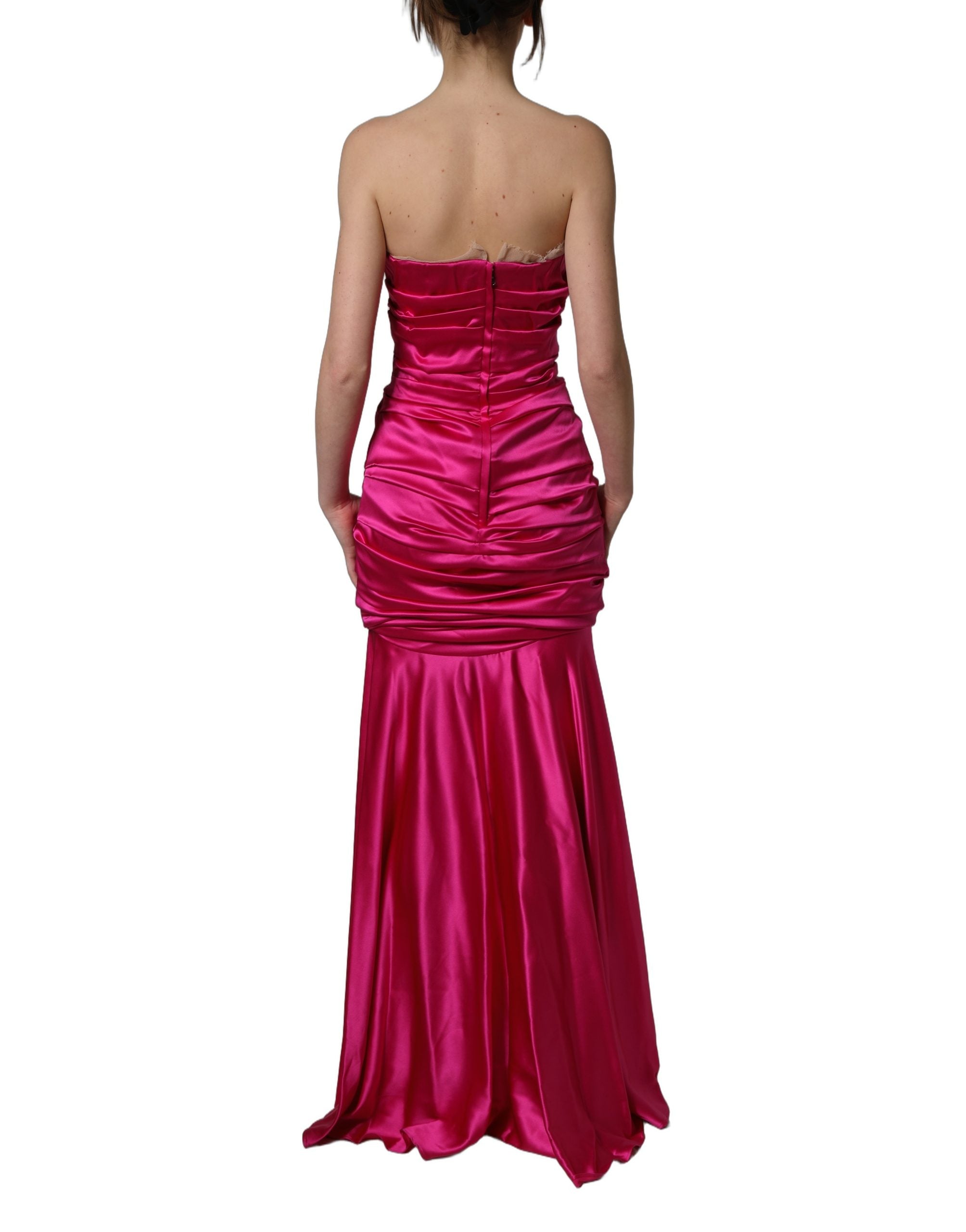 Hot Pink Ruched Satin Strapless Gown Dress