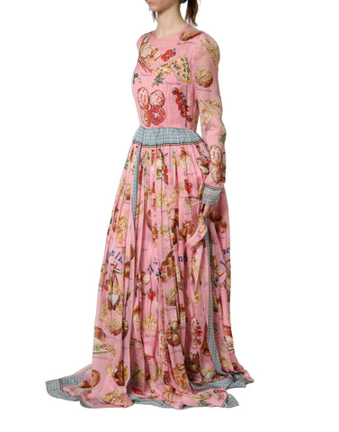 Light Pink Bread Print Pleated Maxi Dress