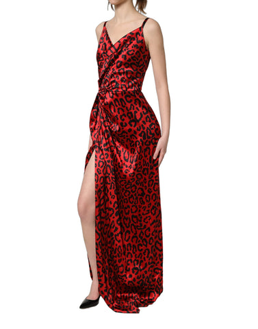 Red Leopard Draped Sleeveless Maxi Dress