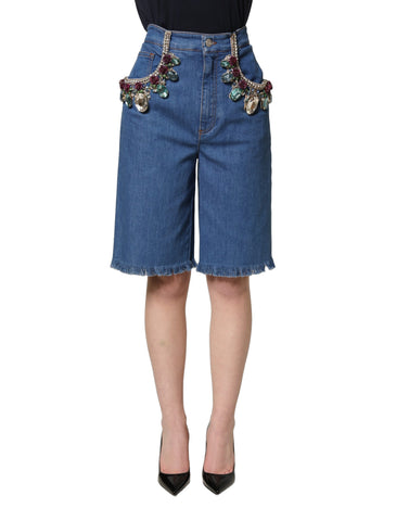 Blue Cotton Embellished BermudaDenim Shorts