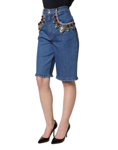 Blue Cotton Embellished BermudaDenim Shorts