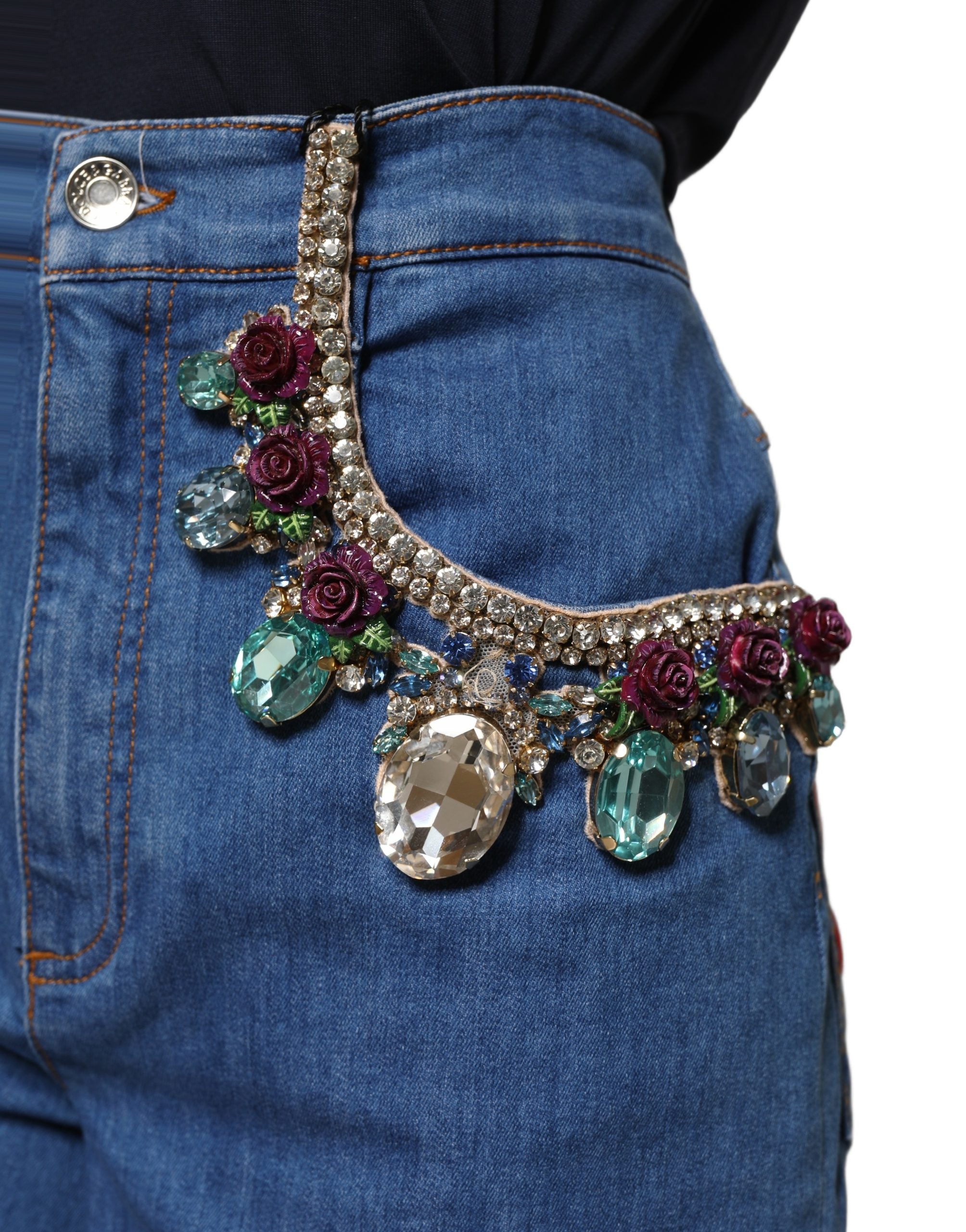 Blue Cotton Embellished BermudaDenim Shorts