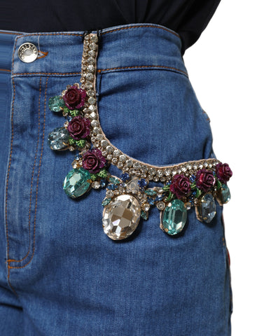 Blue Cotton Embellished BermudaDenim Shorts