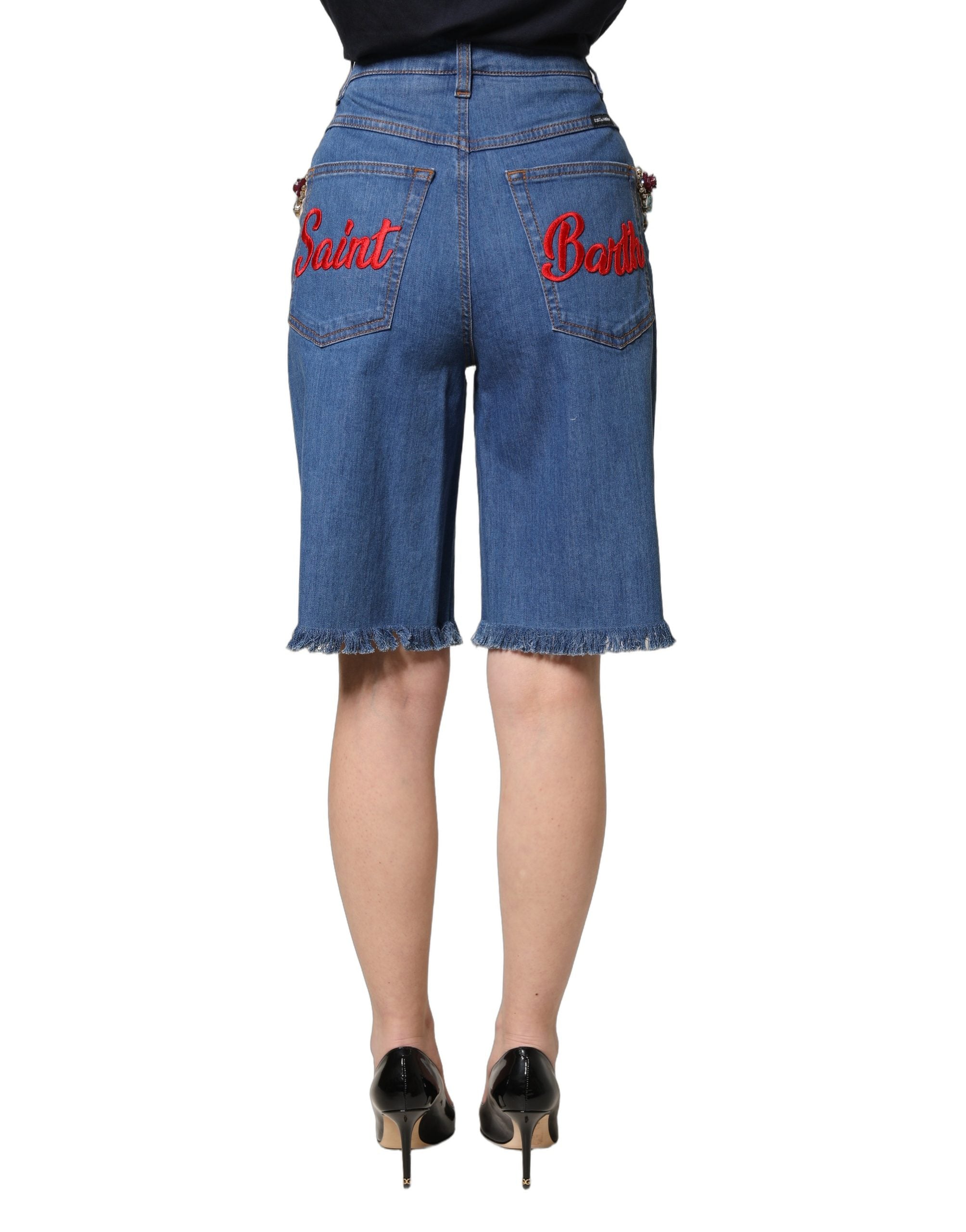 Blue Cotton Embellished BermudaDenim Shorts