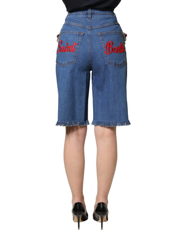 Blue Cotton Embellished BermudaDenim Shorts