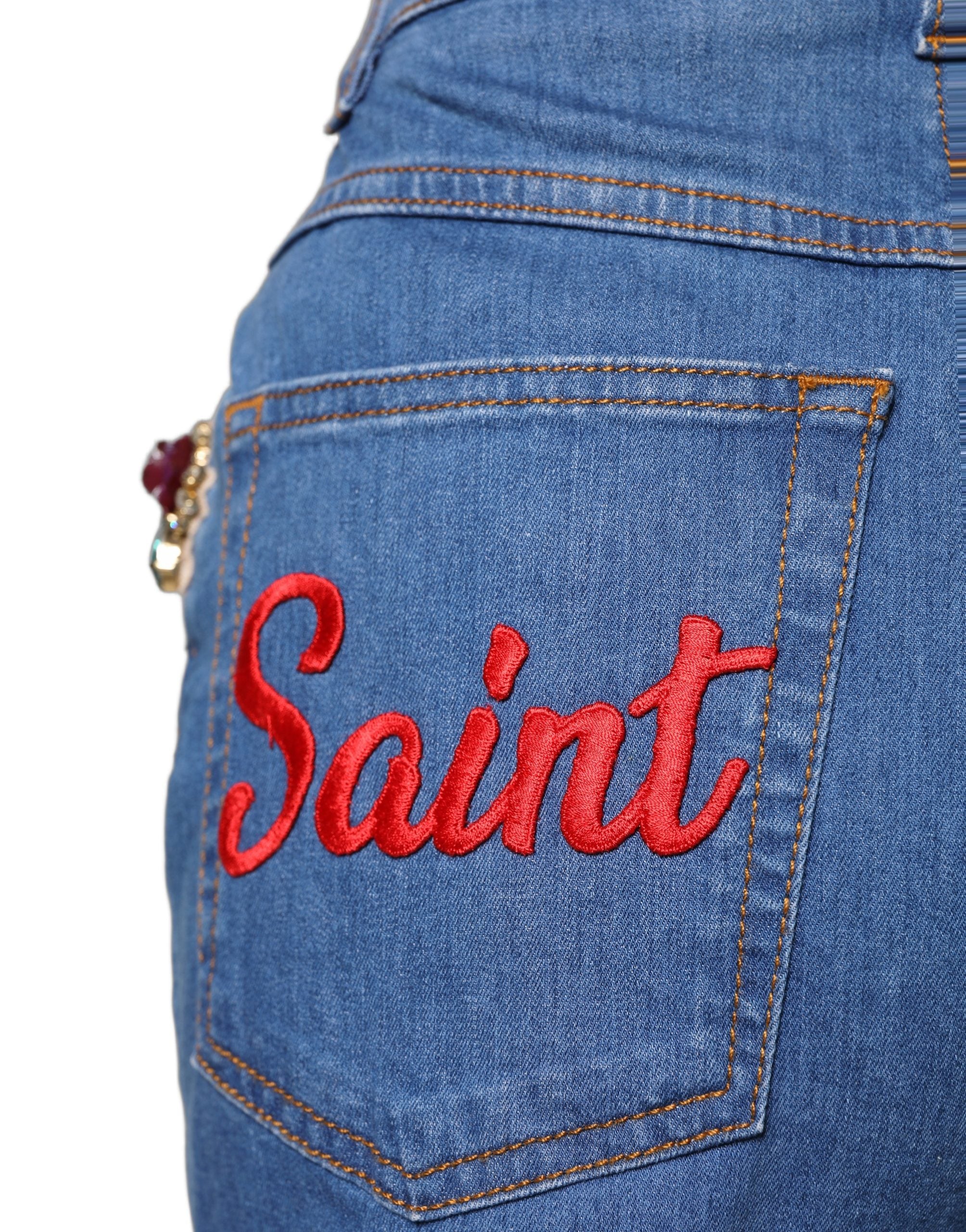 Blue Cotton Embellished BermudaDenim Shorts