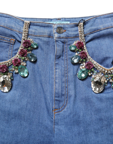 Blue Cotton Embellished BermudaDenim Shorts