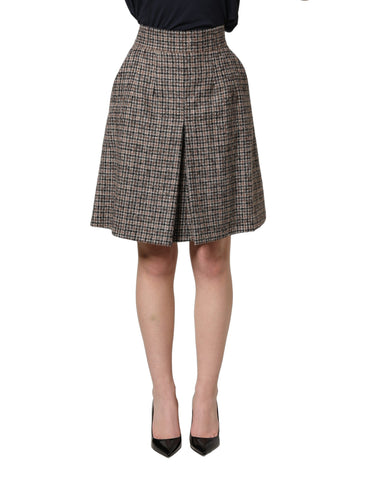 Brown Tweed Kick Pleat High Waist Mini Skirt