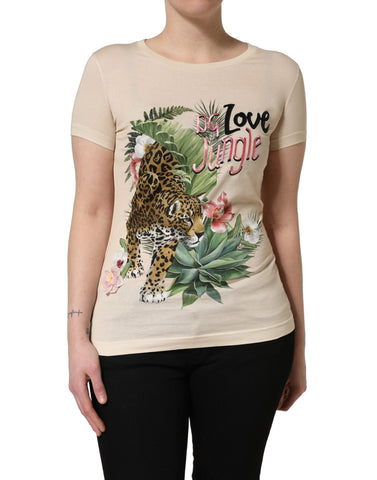 Beige Jungle Print Cotton Round Neck T-Shirt
