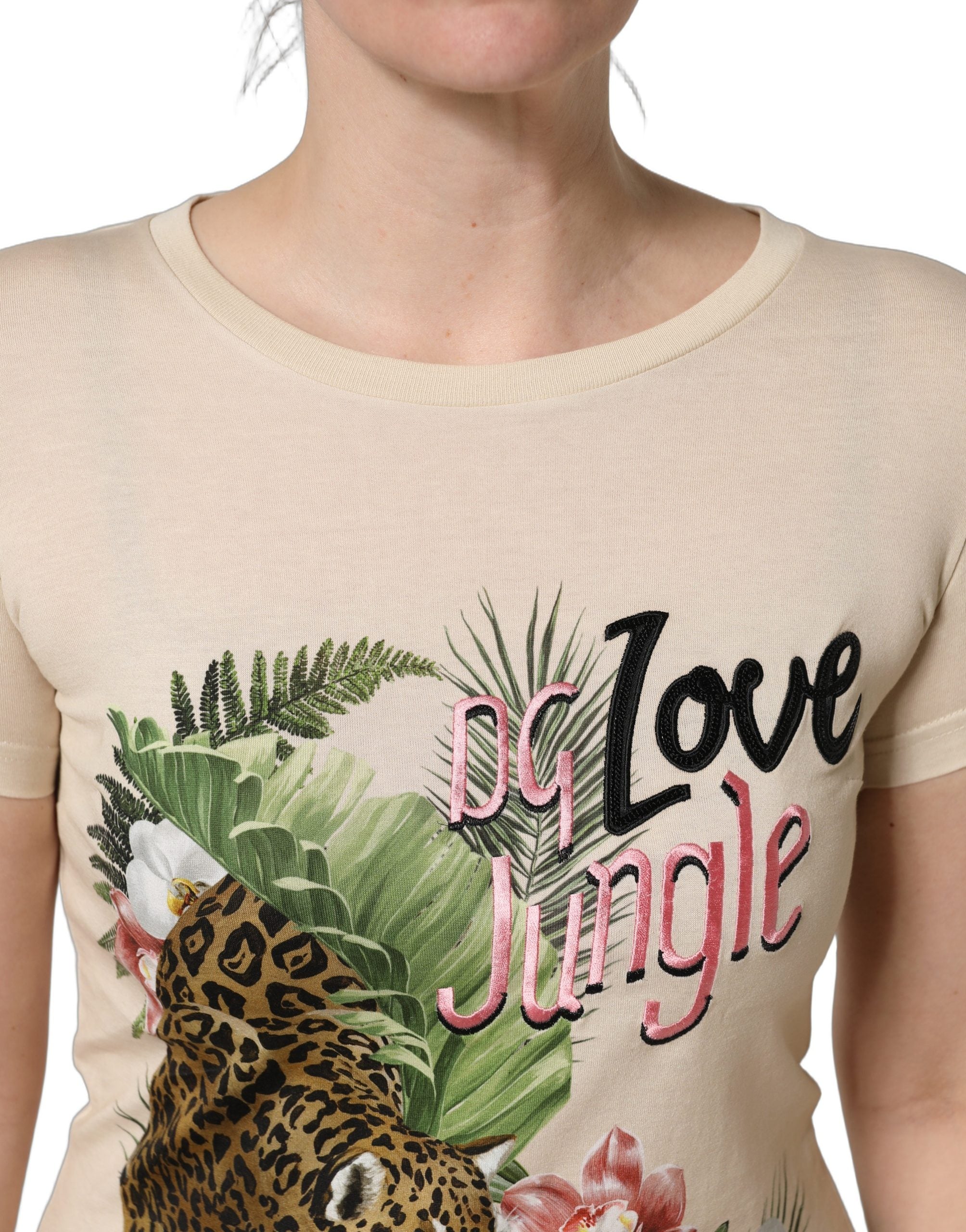 Beige Jungle Print Cotton Round Neck T-Shirt