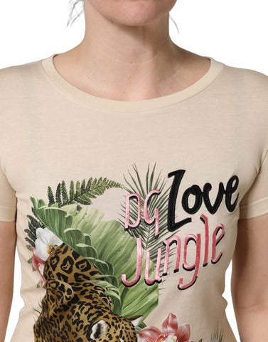 Beige Jungle Print Cotton Round Neck T-Shirt