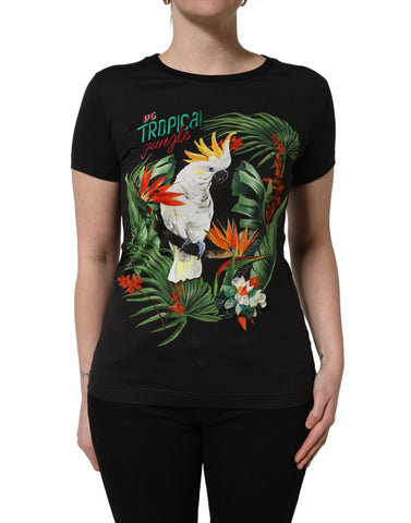 Black Tropical Print Cotton Round Neck T-Shirt