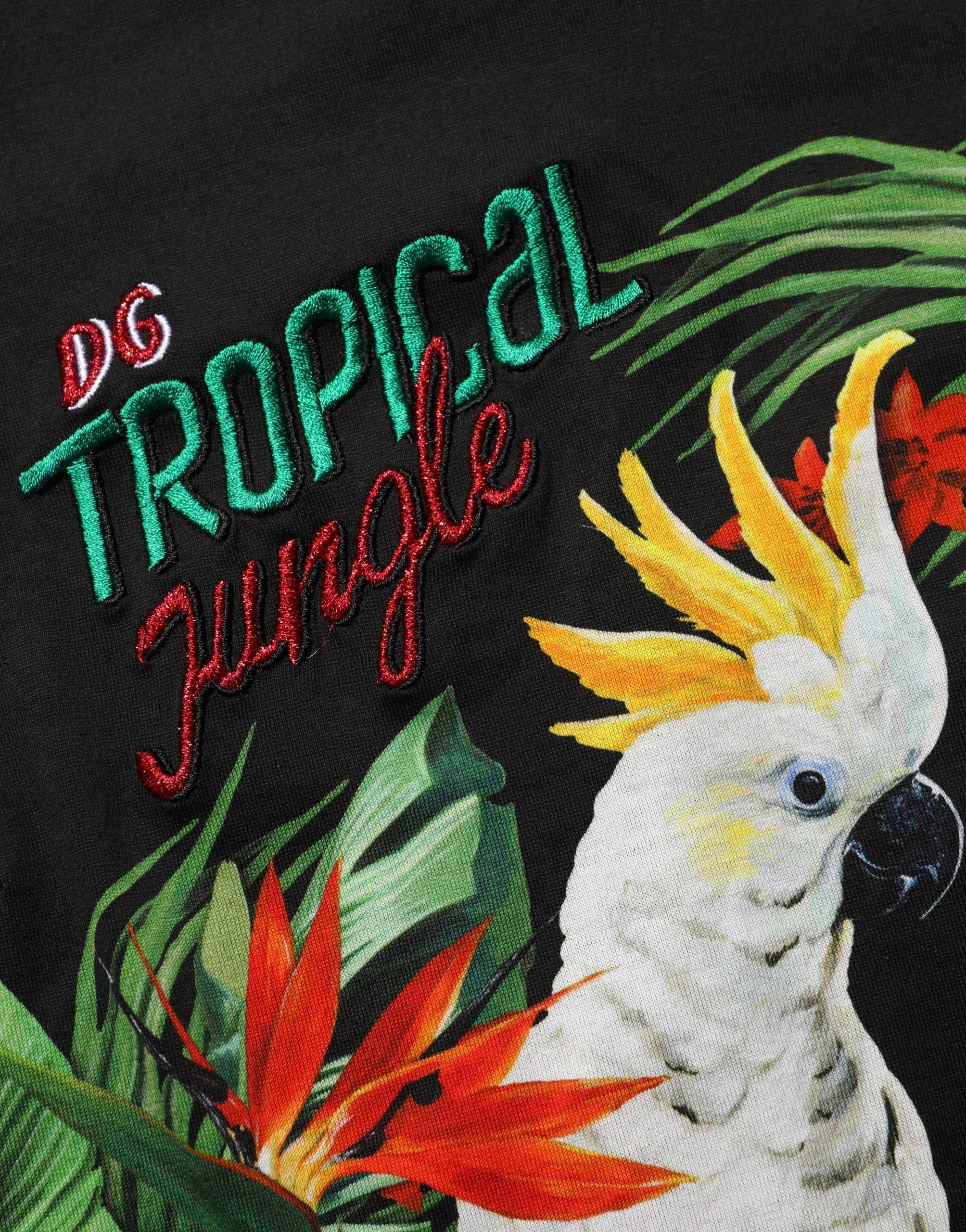 Black Tropical Print Cotton Round Neck T-Shirt